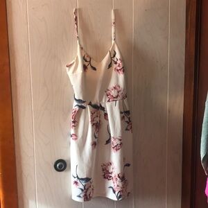 White dress, pink flowers, flowy, straps